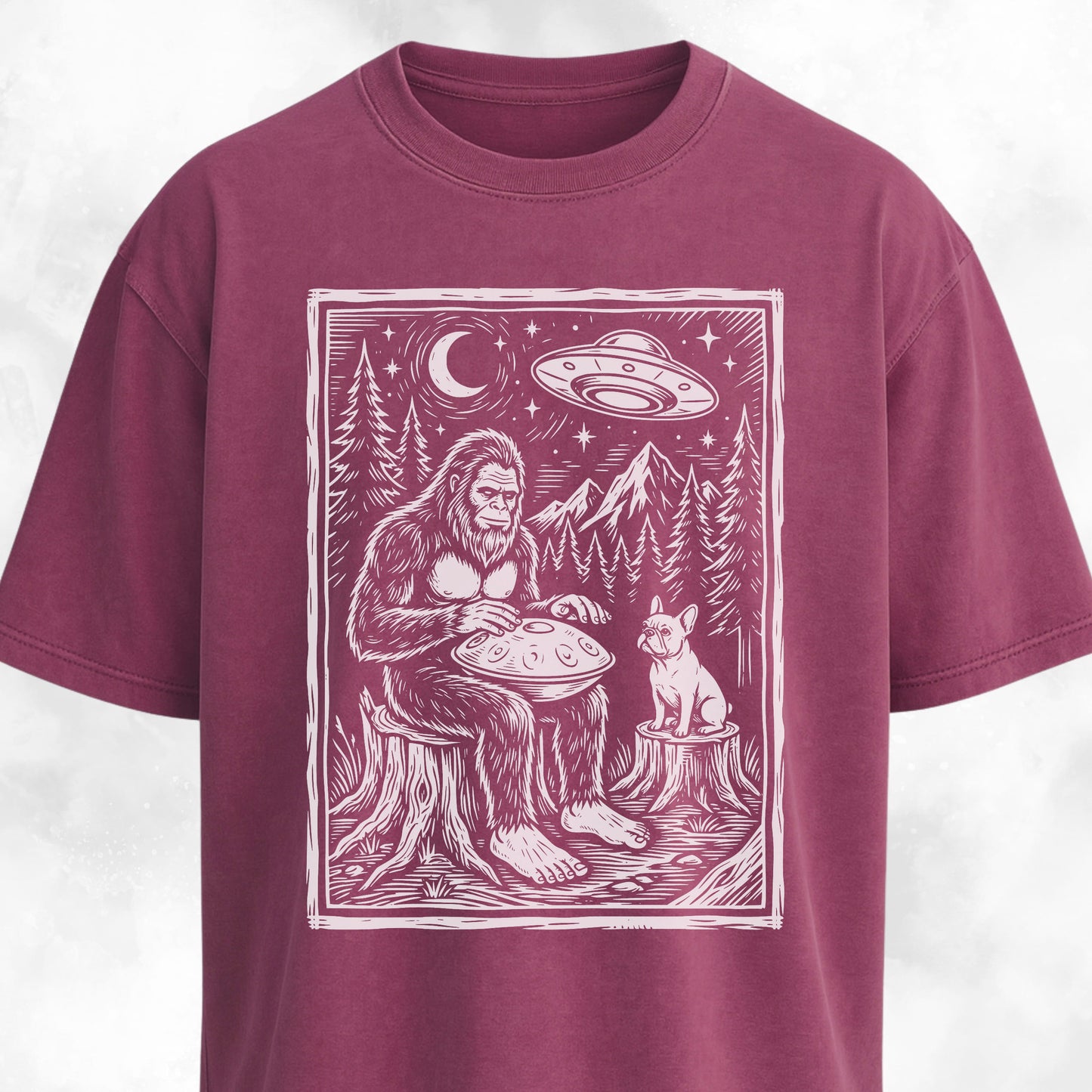 Sasquatch Playing Handpan With Frenchie T-Shirt