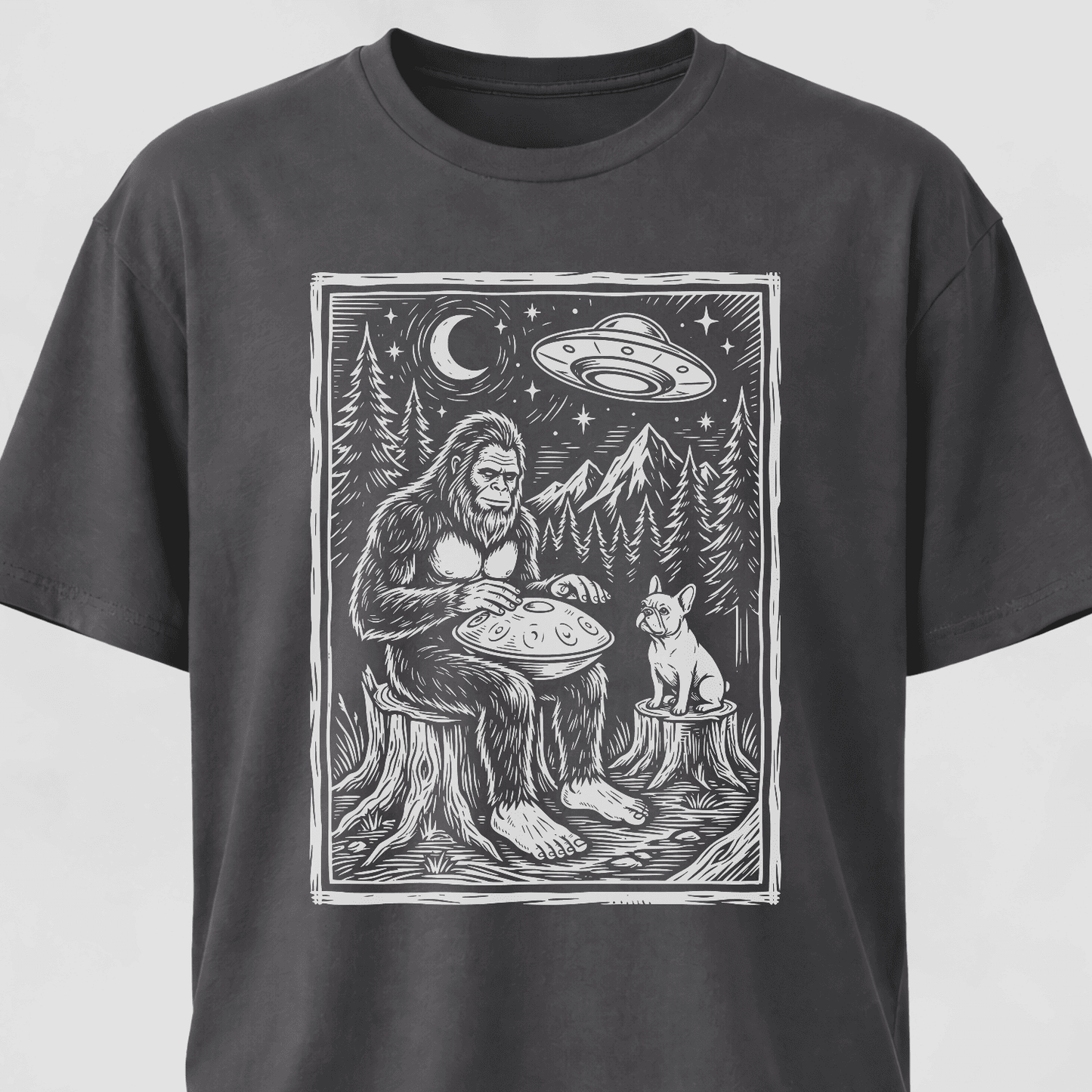 Sasquatch Playing Handpan With Frenchie T-Shirt