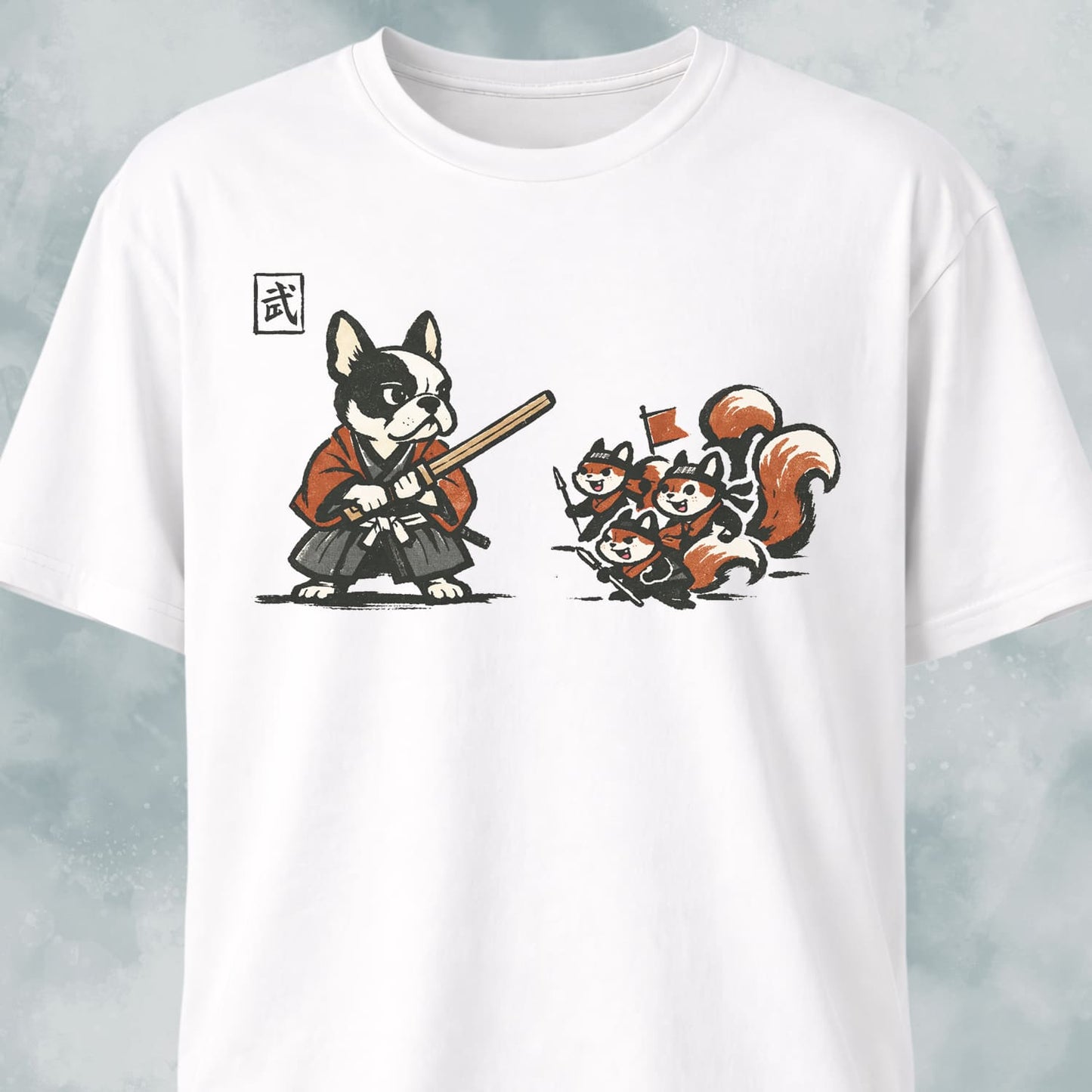Samurai Frenchie Fighting Squirrels T-Shirt