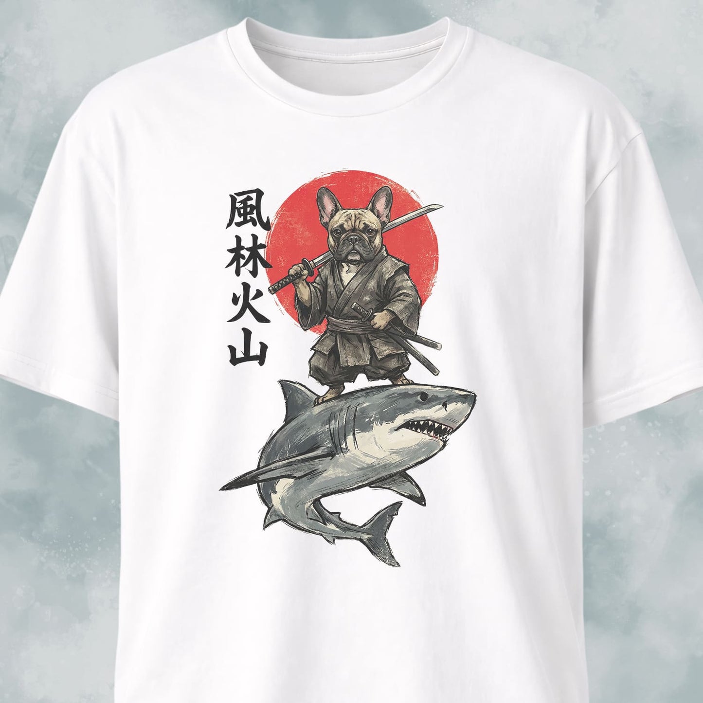 Samurai Frenchie Riding A Shark T-Shirt