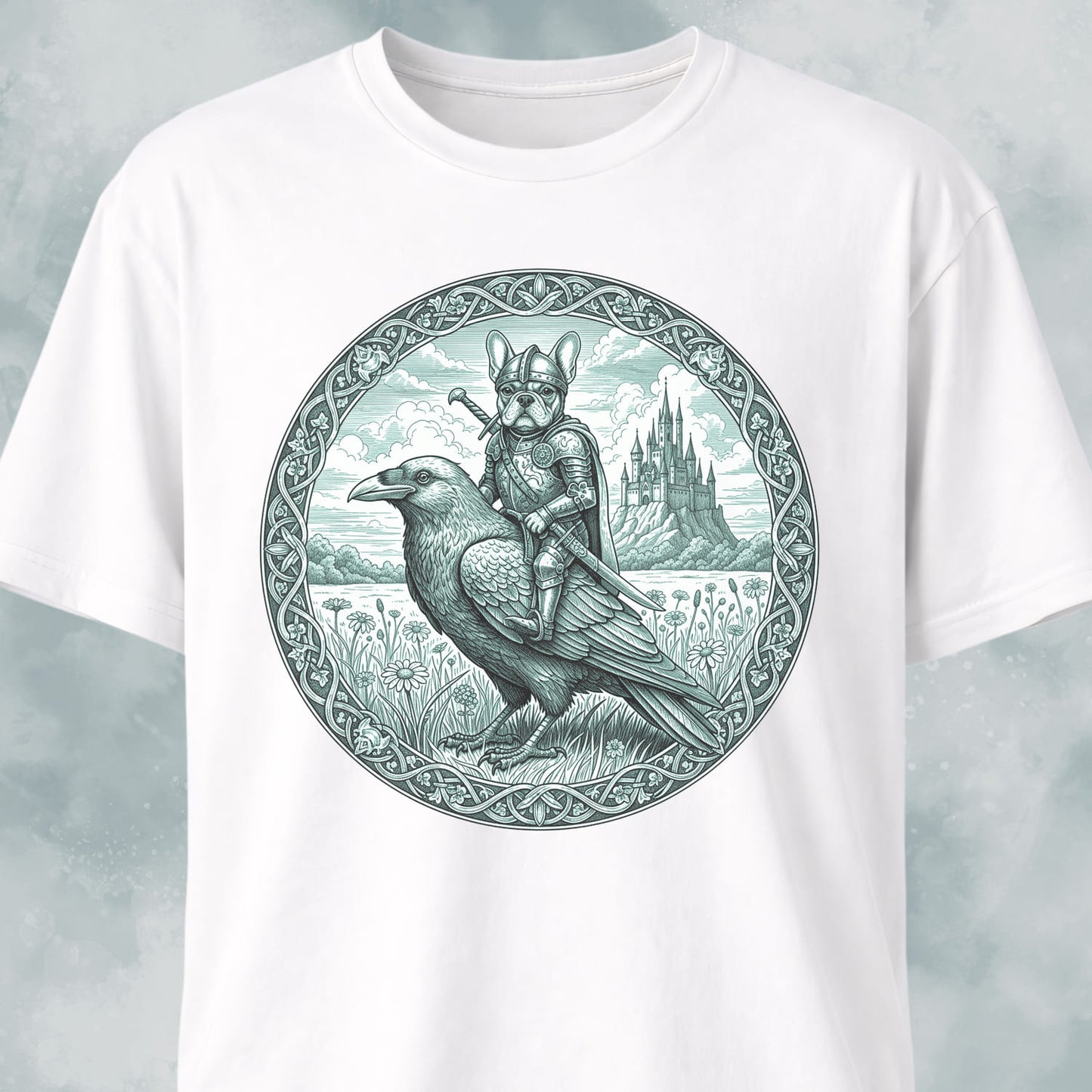 Medieval French Bulldog Knight On A Crow T-Shirt