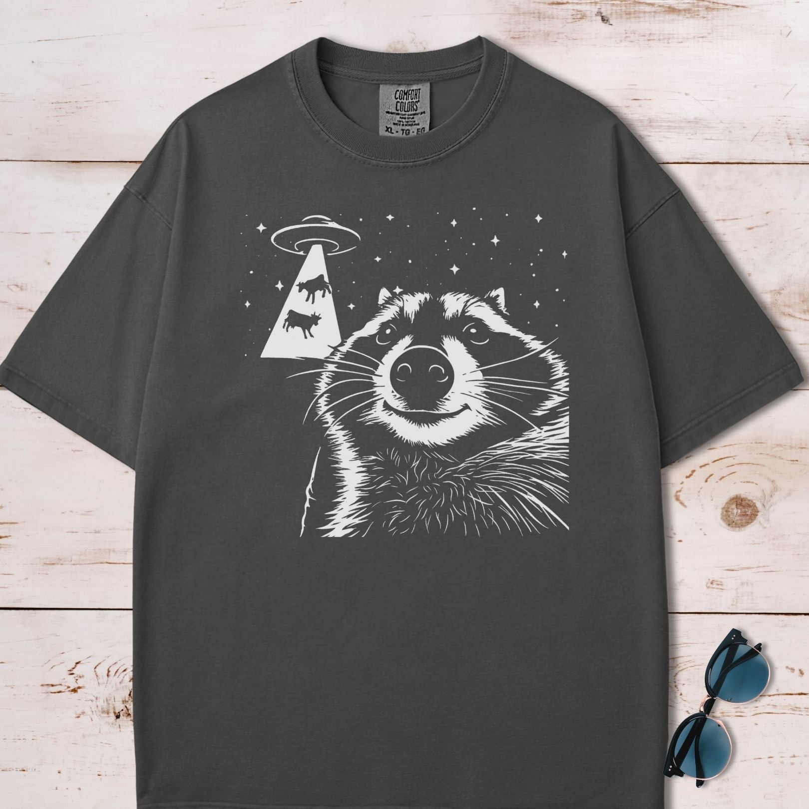 Alien UFO Abducting Cows Raccoon Selfie T-Shirt