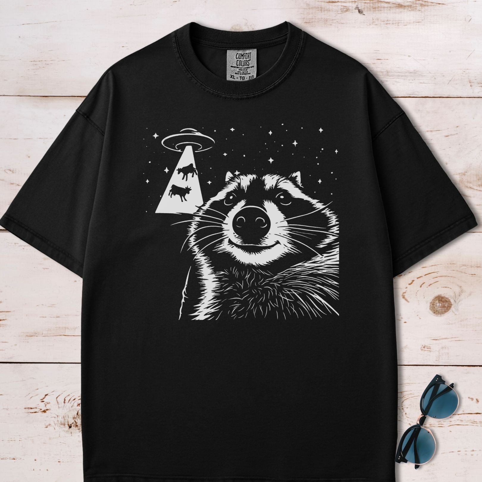 Alien UFO Abducting Cows Raccoon Selfie T-Shirt