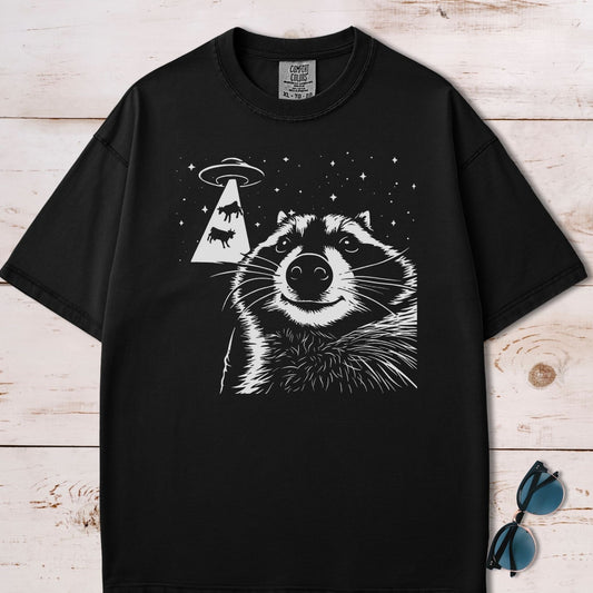 Alien UFO Abducting Cows Raccoon Selfie T-Shirt