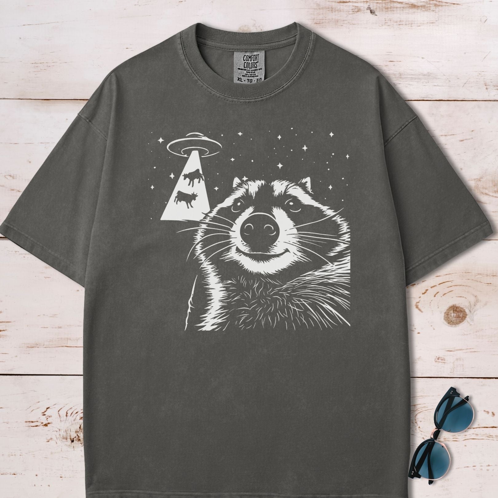 Alien UFO Abducting Cows Raccoon Selfie T-Shirt