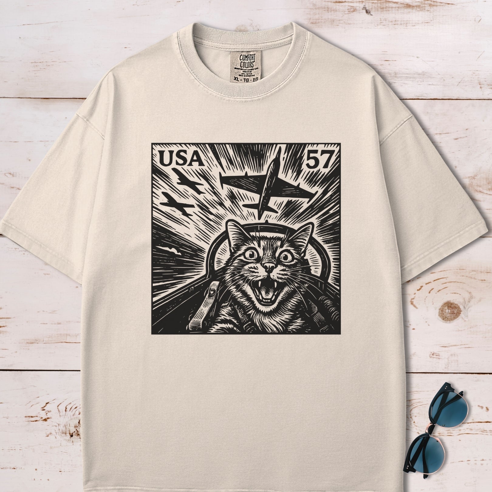 Cat Jet Selfie Postage Stamp T-Shirt