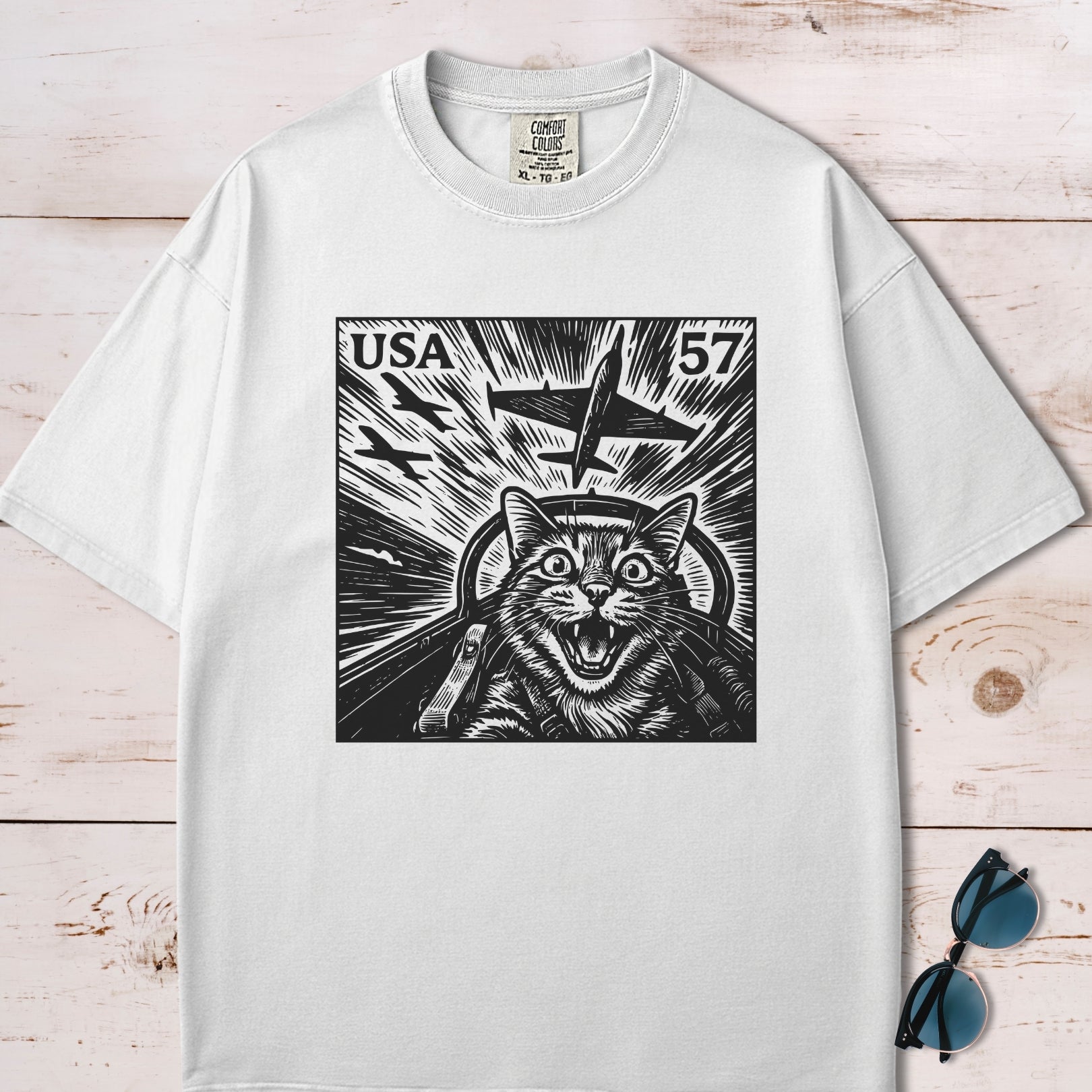 Cat Jet Selfie Postage Stamp T-Shirt