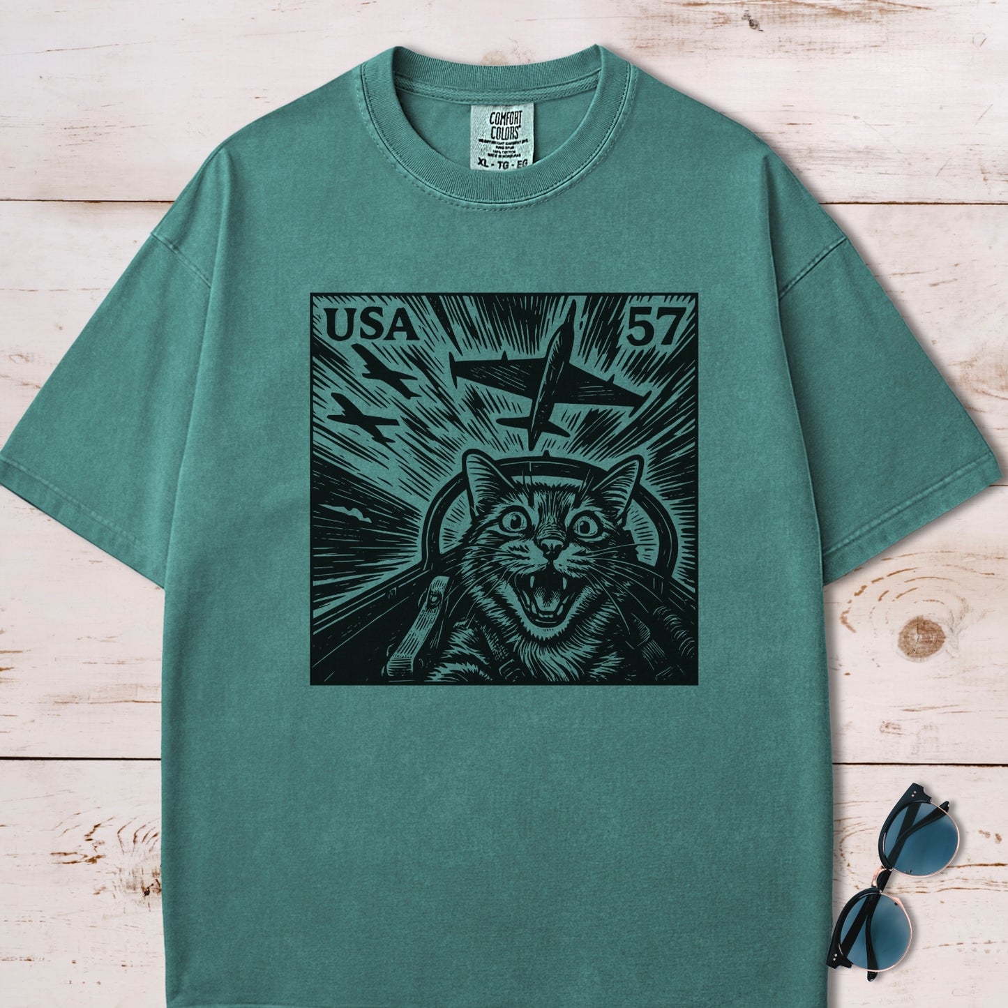 Cat Jet Selfie Postage Stamp T-Shirt