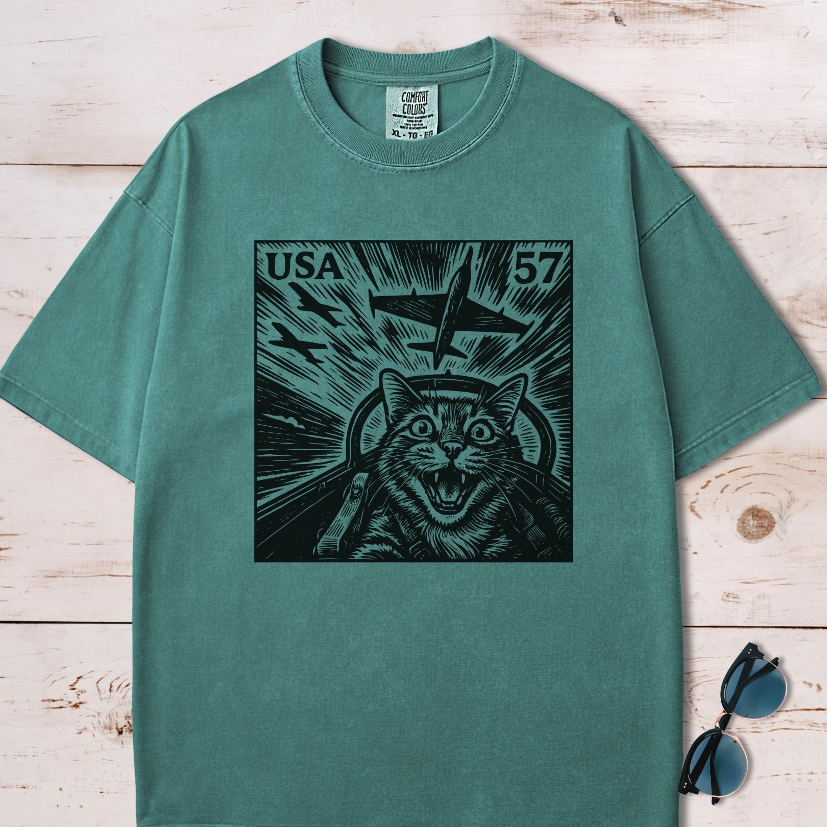 Cat Jet Selfie Postage Stamp T-Shirt