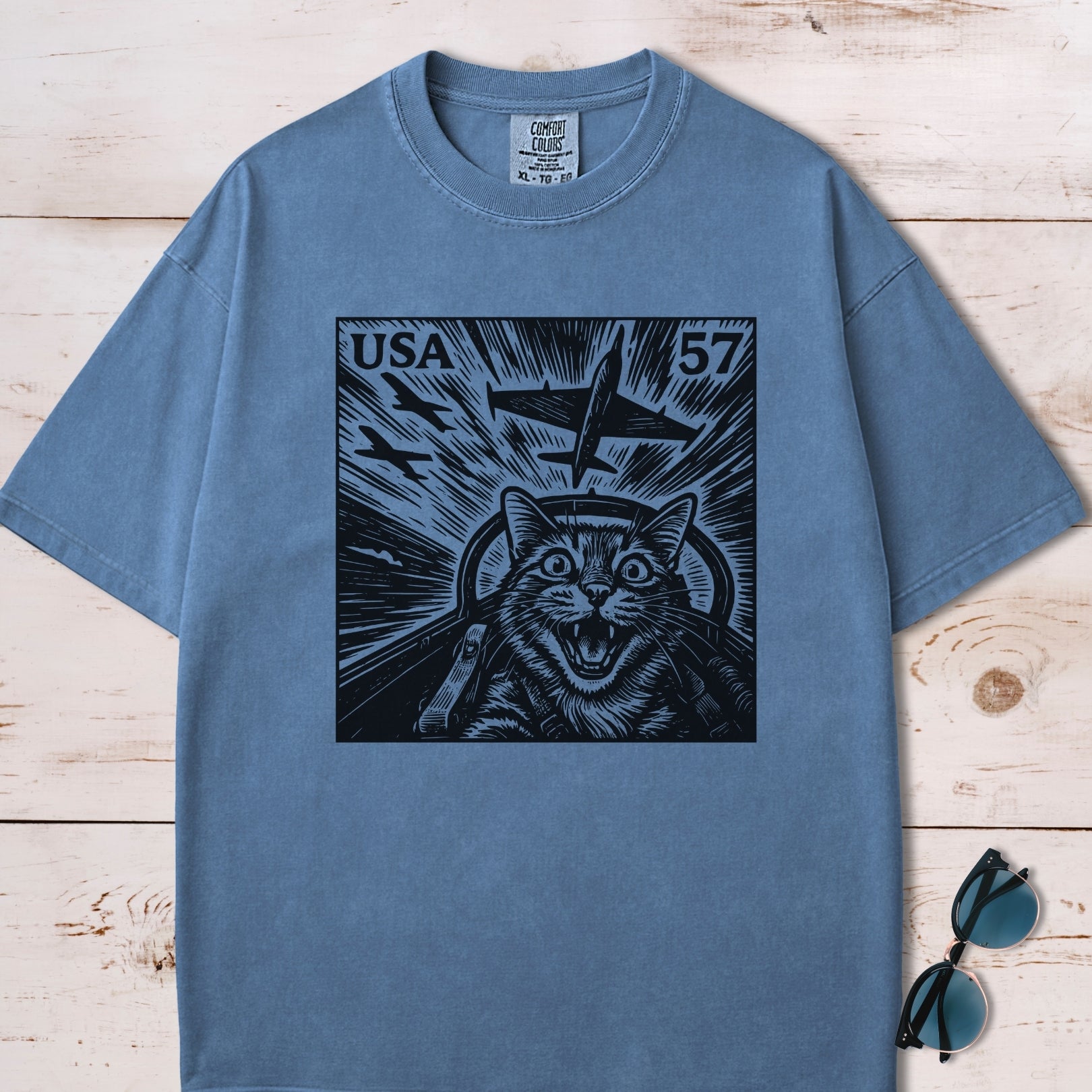 Cat Jet Selfie Postage Stamp T-Shirt