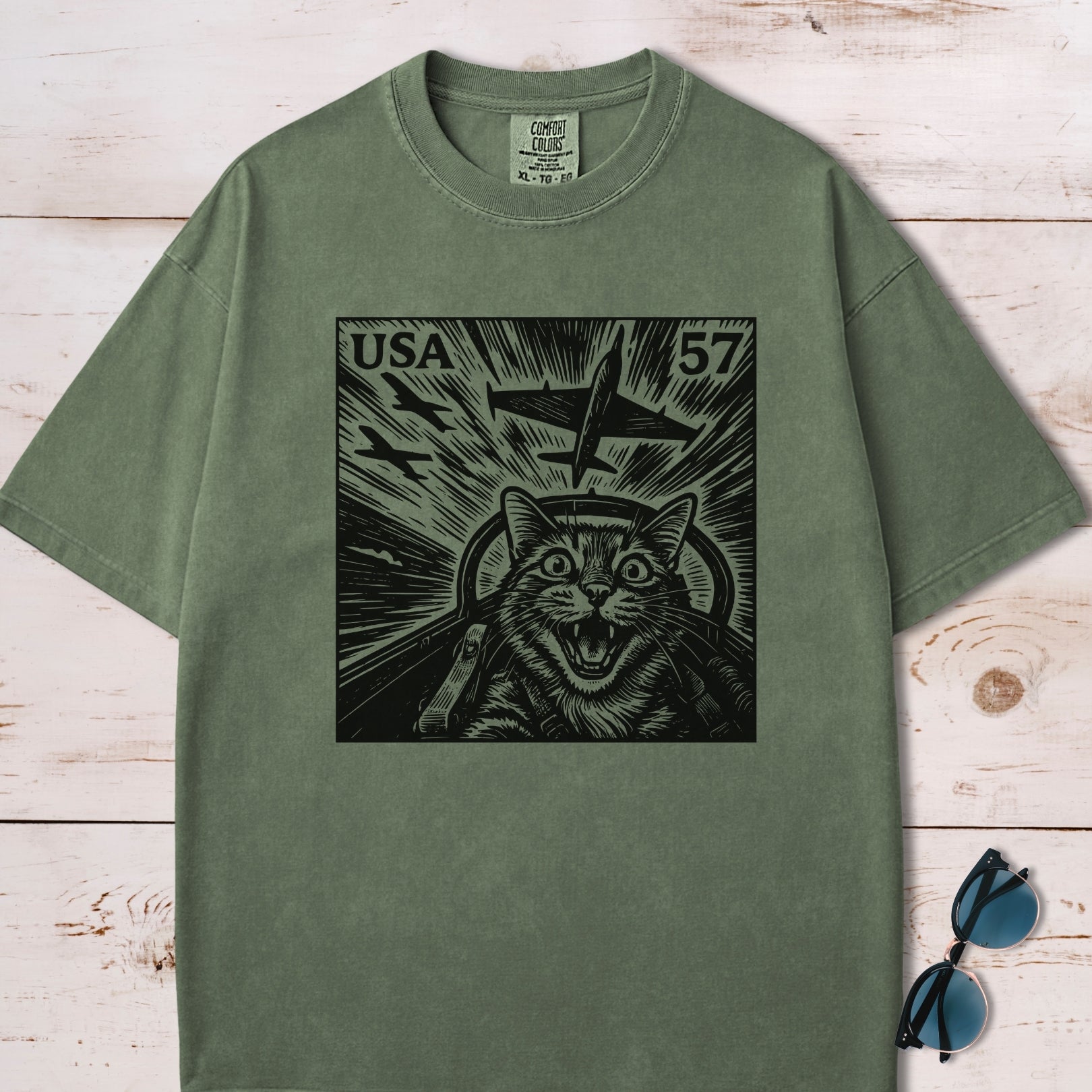 Cat Jet Selfie Postage Stamp T-Shirt