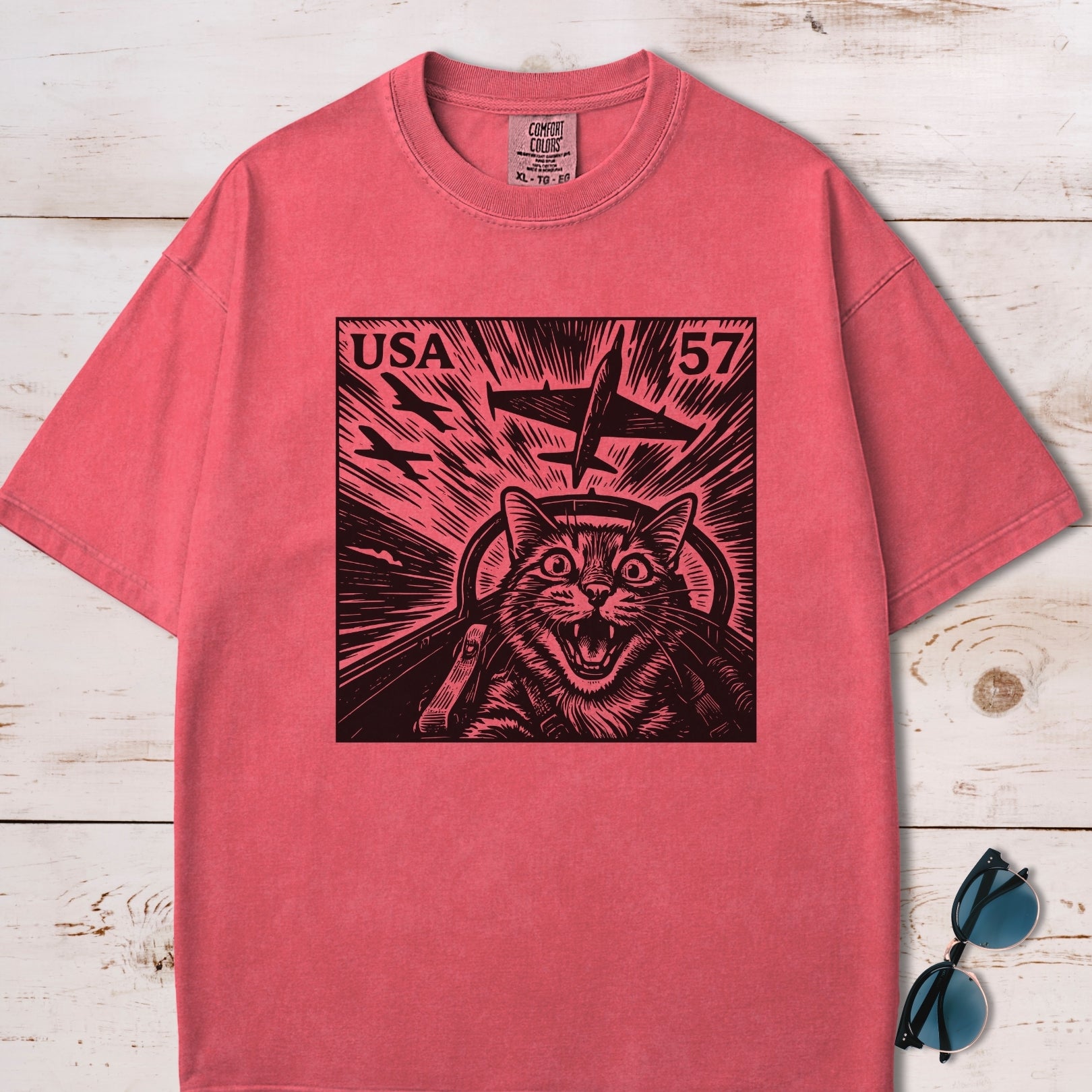 Cat Jet Selfie Postage Stamp T-Shirt