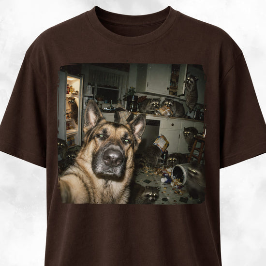 German Shepherd Polaroid Raccoon Kitchen Chaos T-Shirt – Tail Gang