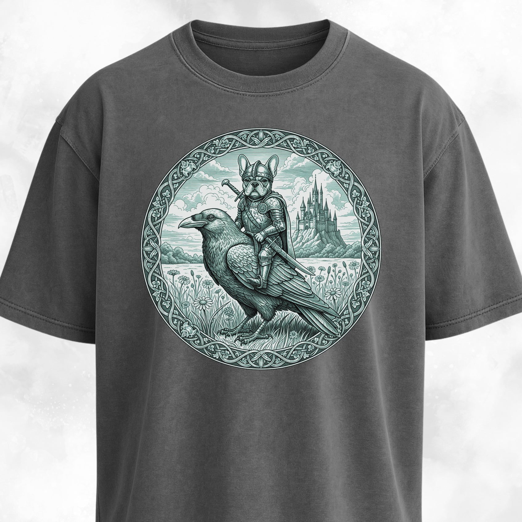 Medieval French Bulldog Knight On A Crow T-Shirt