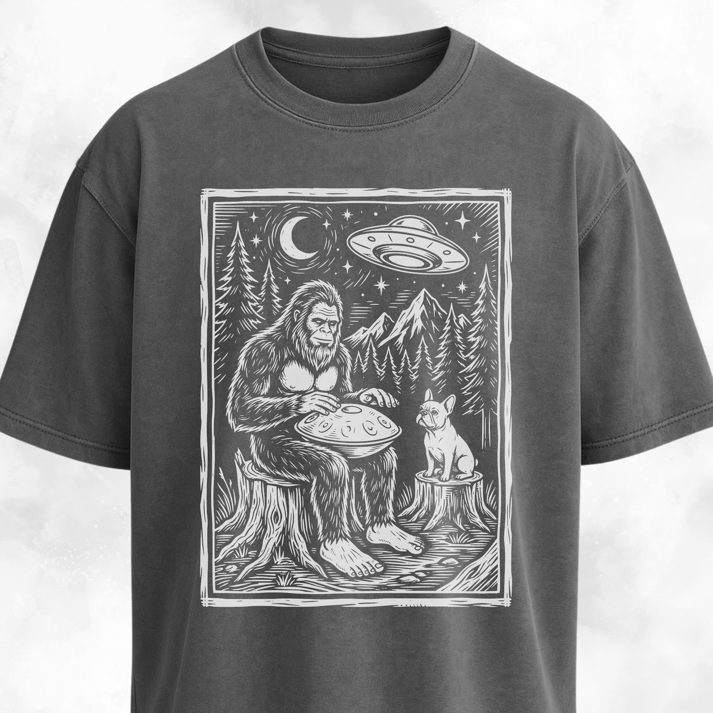 Sasquatch Playing Handpan With Frenchie T-Shirt