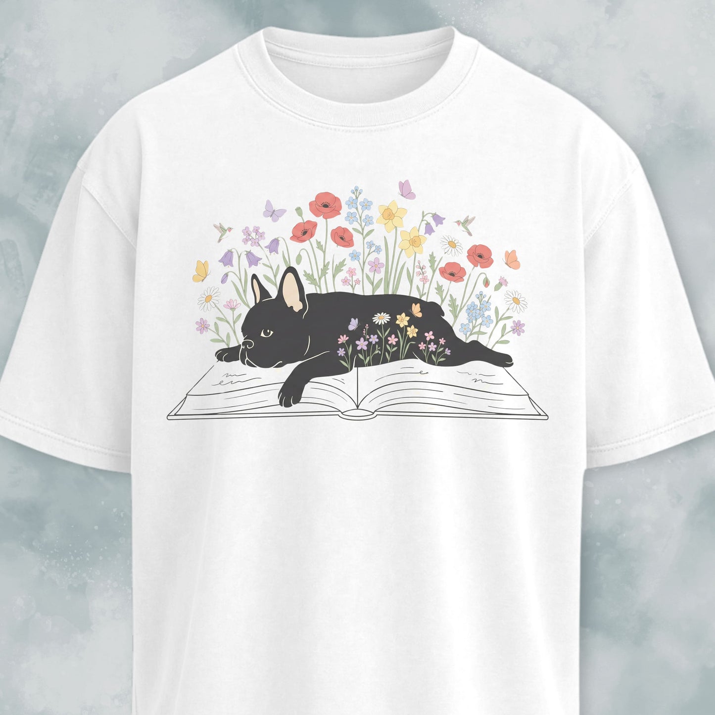 Frenchie On A Floral Book T-Shirt