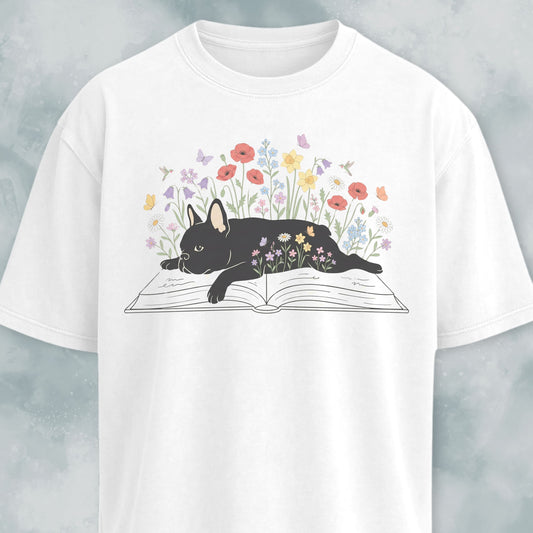 Frenchie On A Floral Book T-Shirt