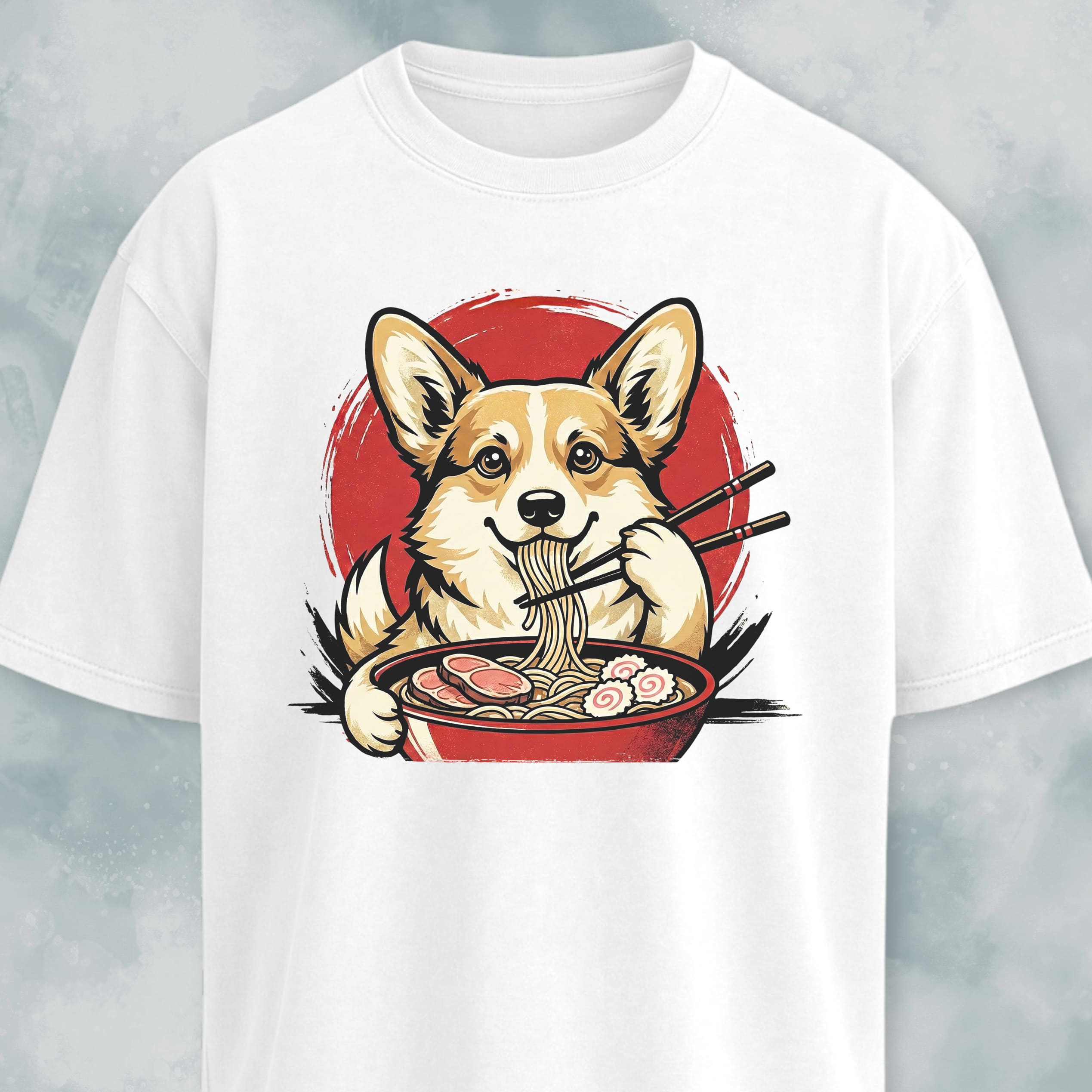 Japanese Corgi Eating Ramen Graphic T-Shirt
