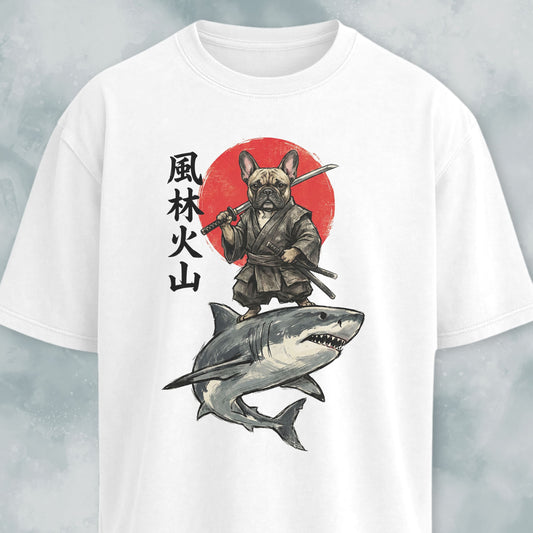 Samurai Frenchie Riding A Shark T-Shirt