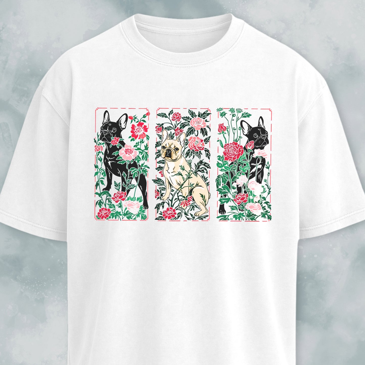 Art Nuveau Panels Floral French Bulldogs T-Shirt
