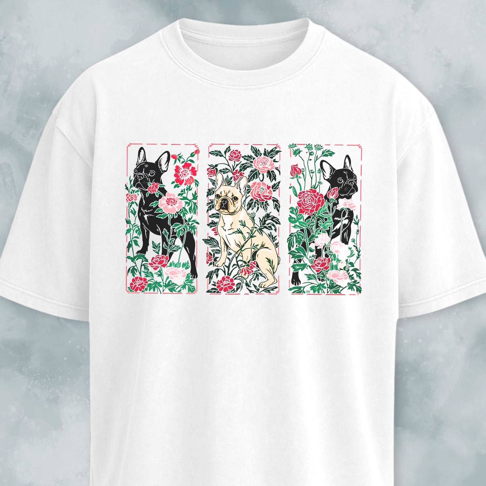Art Nuveau Panels Floral French Bulldogs T-Shirt
