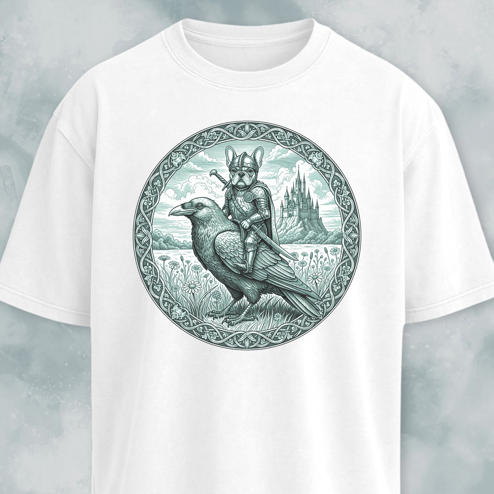 Medieval French Bulldog Knight On A Crow T-Shirt