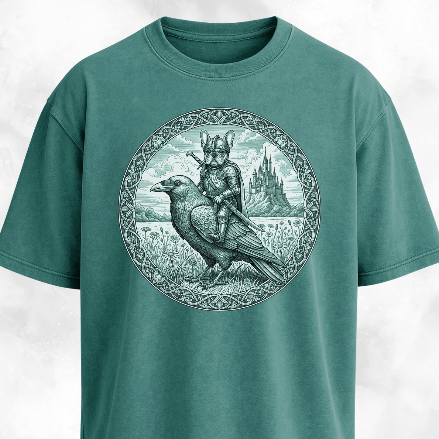 Medieval French Bulldog Knight On A Crow T-Shirt