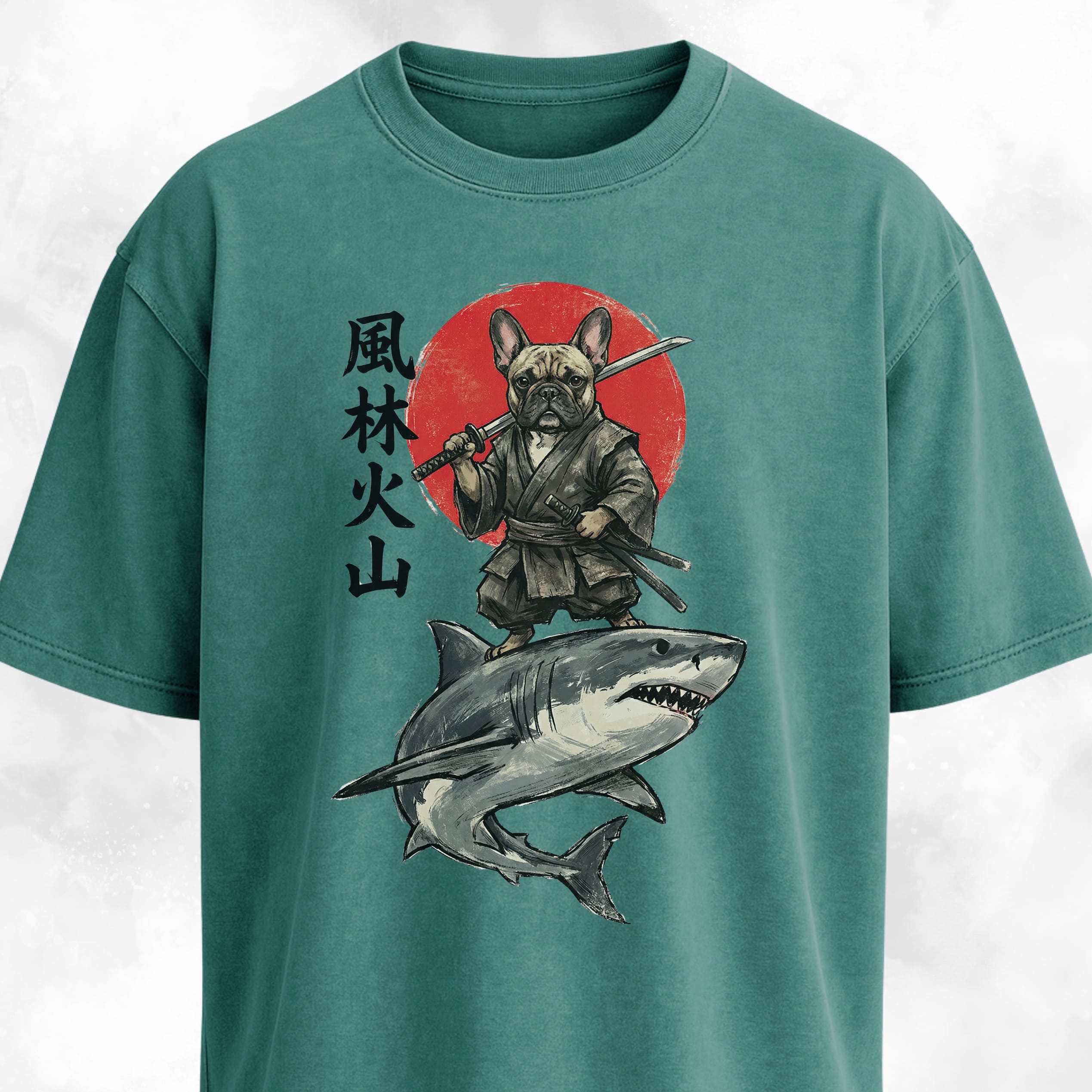 Samurai Frenchie Riding A Shark T-Shirt