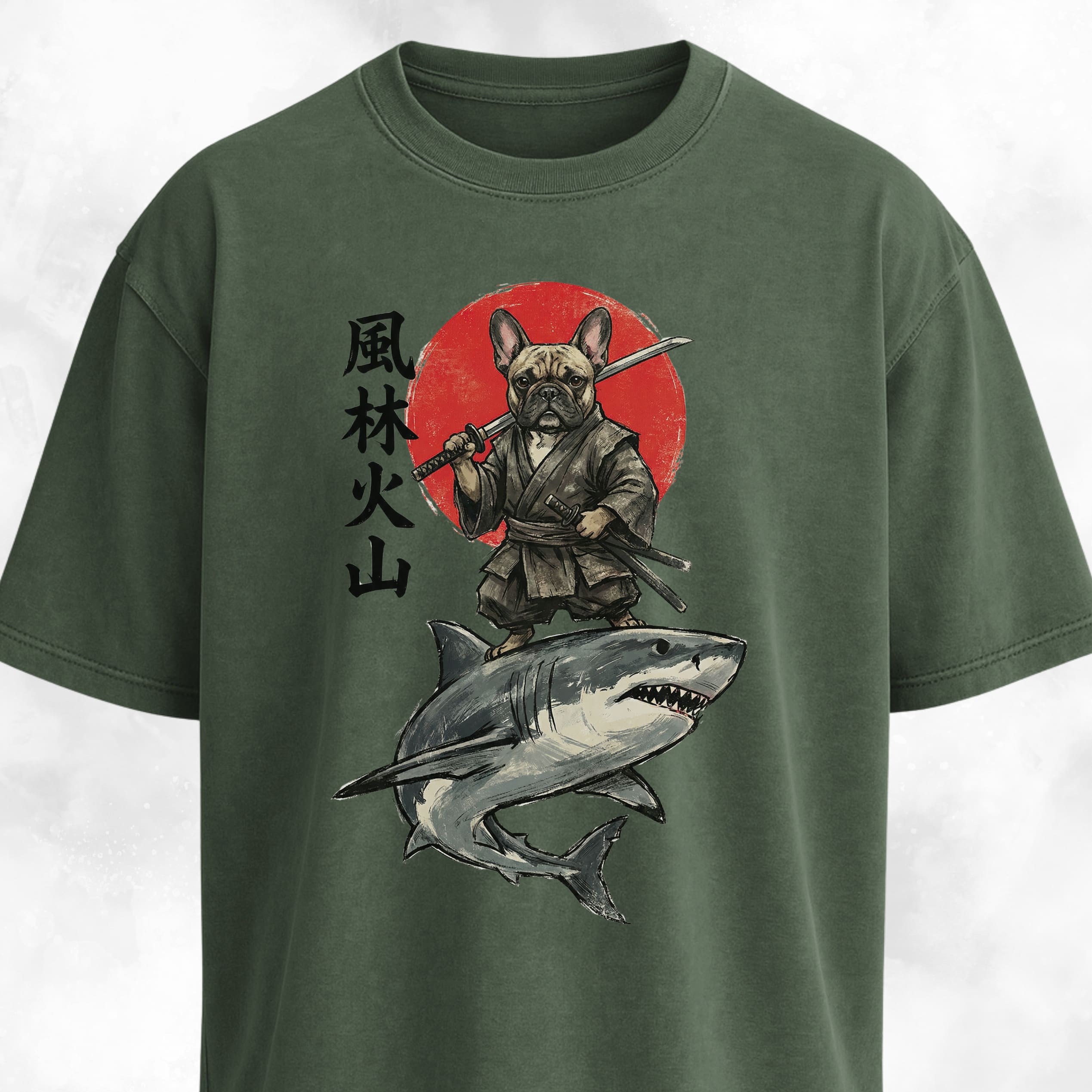 Samurai Frenchie Riding A Shark T-Shirt