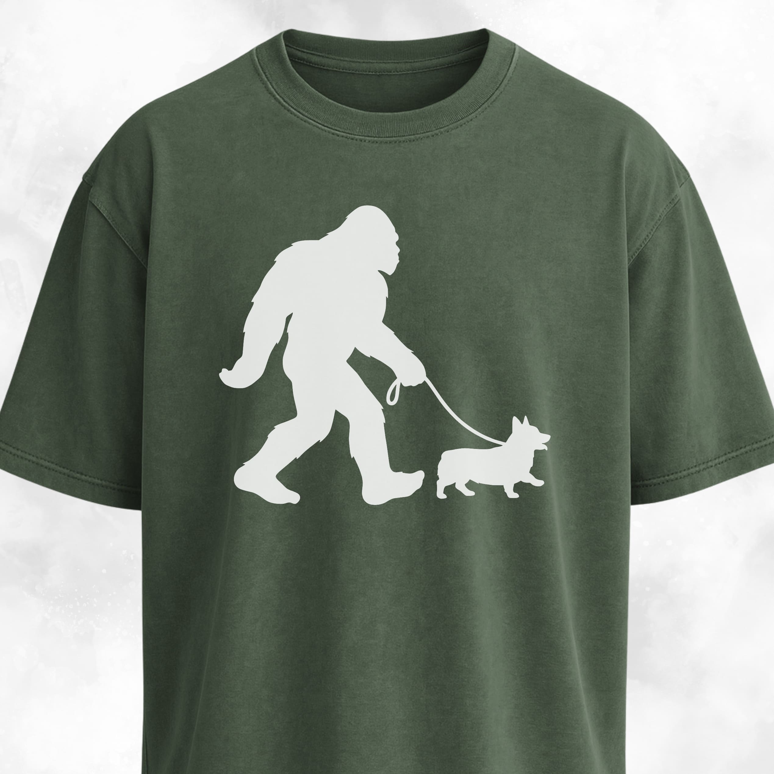 Bigfoot With A Corgi On A Leash T-Shirt