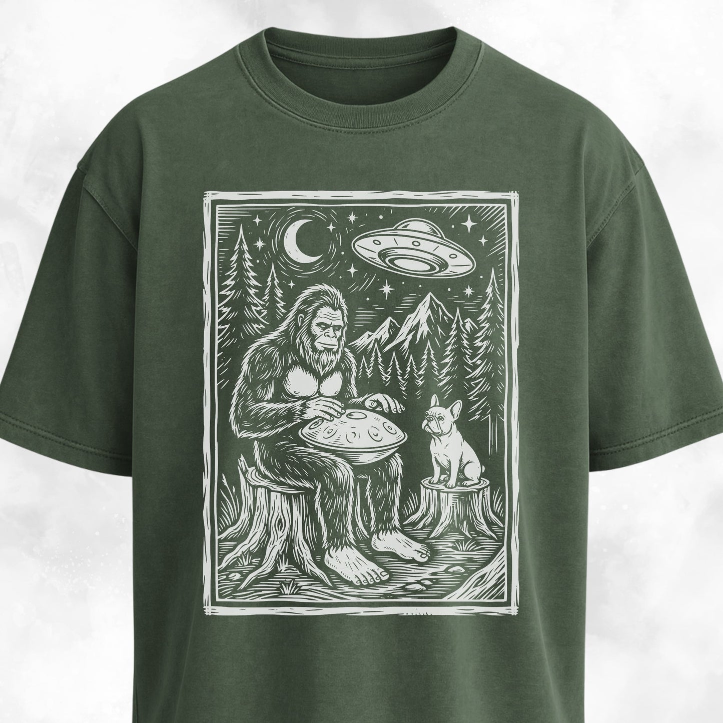 Sasquatch Playing Handpan With Frenchie T-Shirt