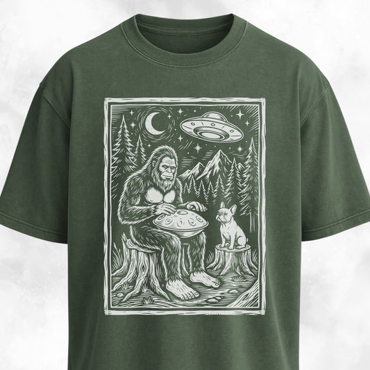 Sasquatch Playing Handpan With Frenchie T-Shirt