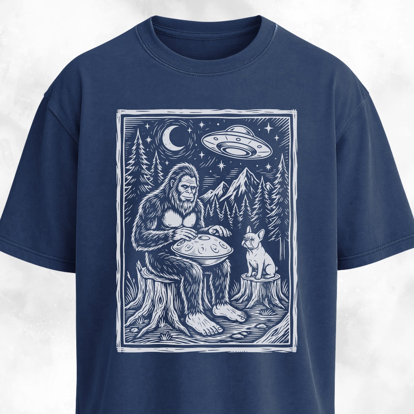 Sasquatch Playing Handpan With Frenchie T-Shirt