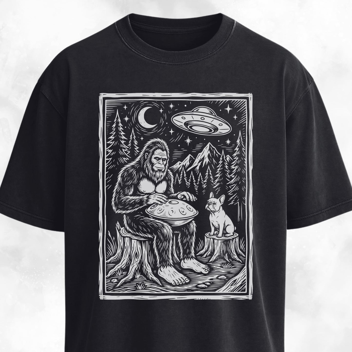 Sasquatch Playing Handpan With Frenchie T-Shirt