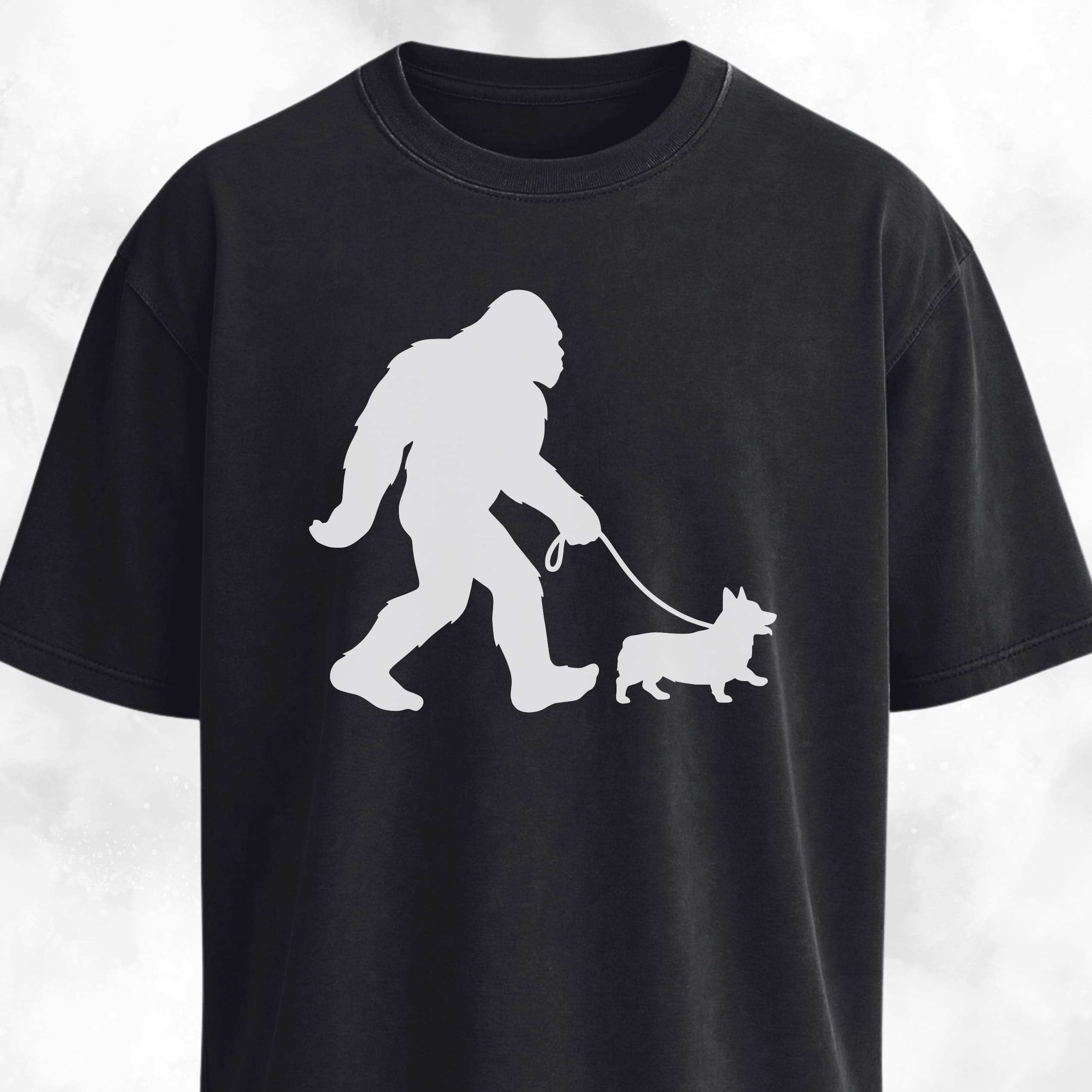 Bigfoot With A Corgi On A Leash T-Shirt