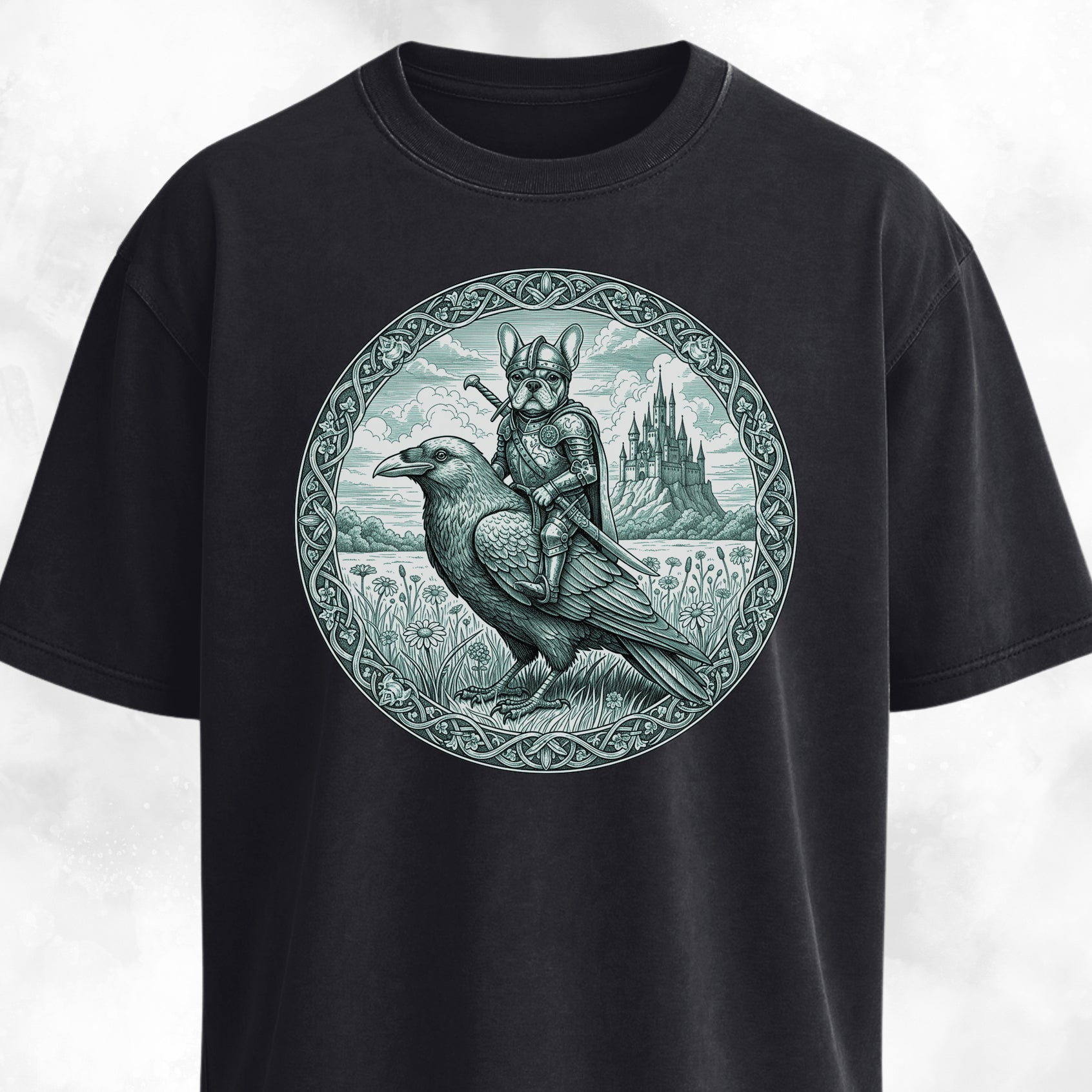 Medieval French Bulldog Knight On A Crow T-Shirt