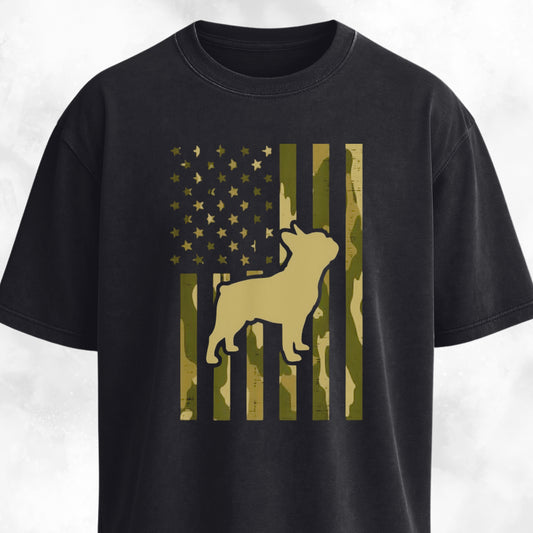 Camo American Flag Frenchie Silhouette T-Shirt