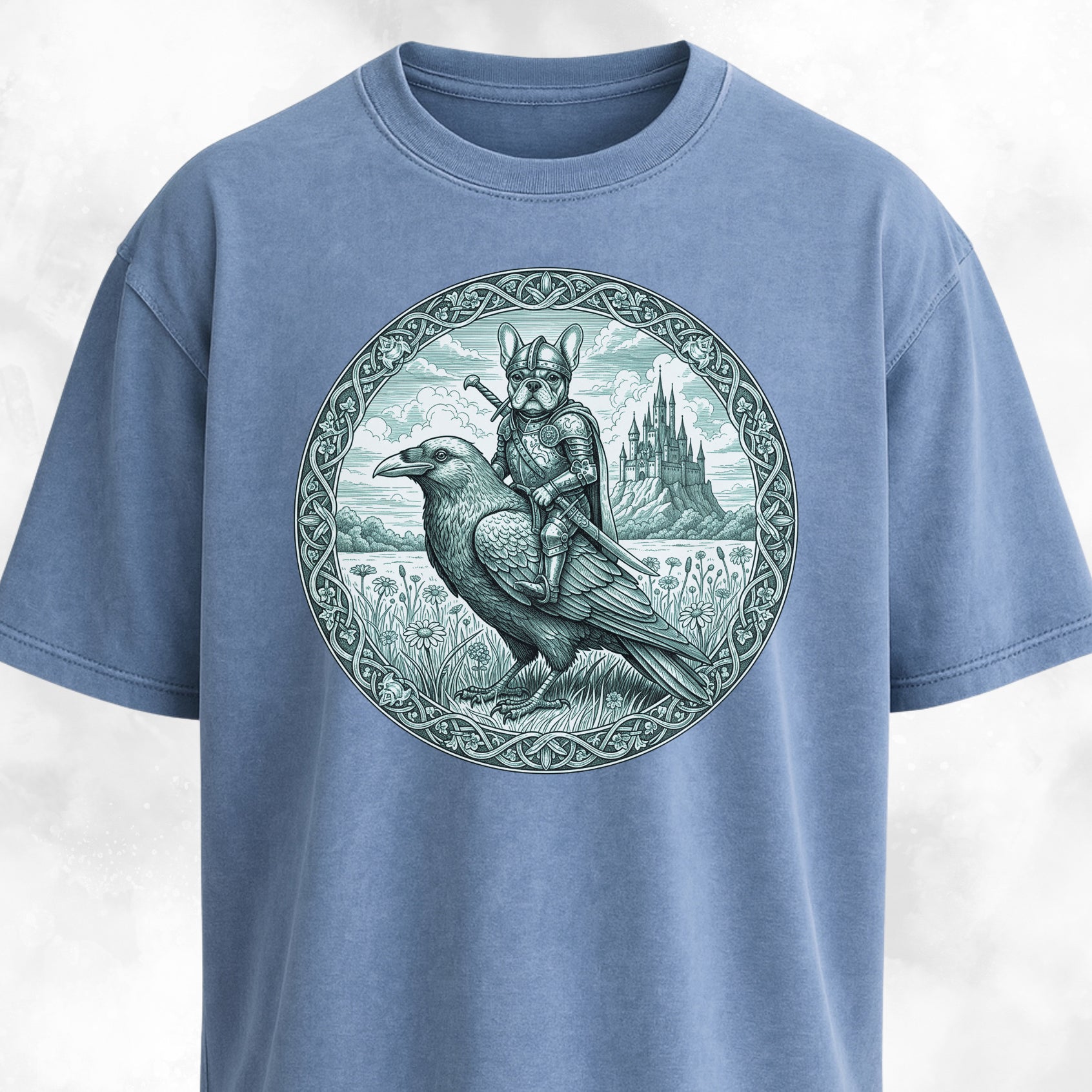 Medieval French Bulldog Knight On A Crow T-Shirt