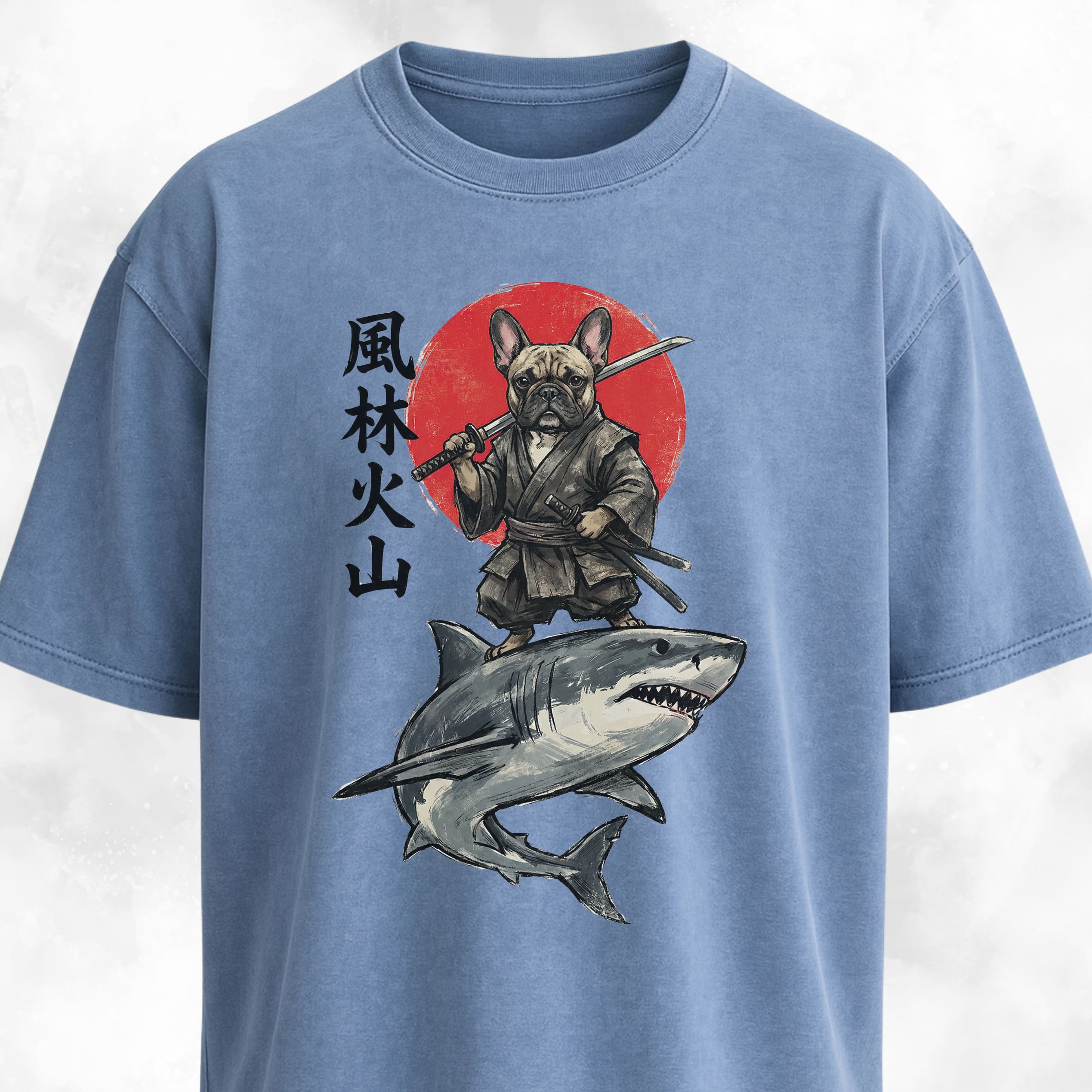 Samurai Frenchie Riding A Shark T-Shirt
