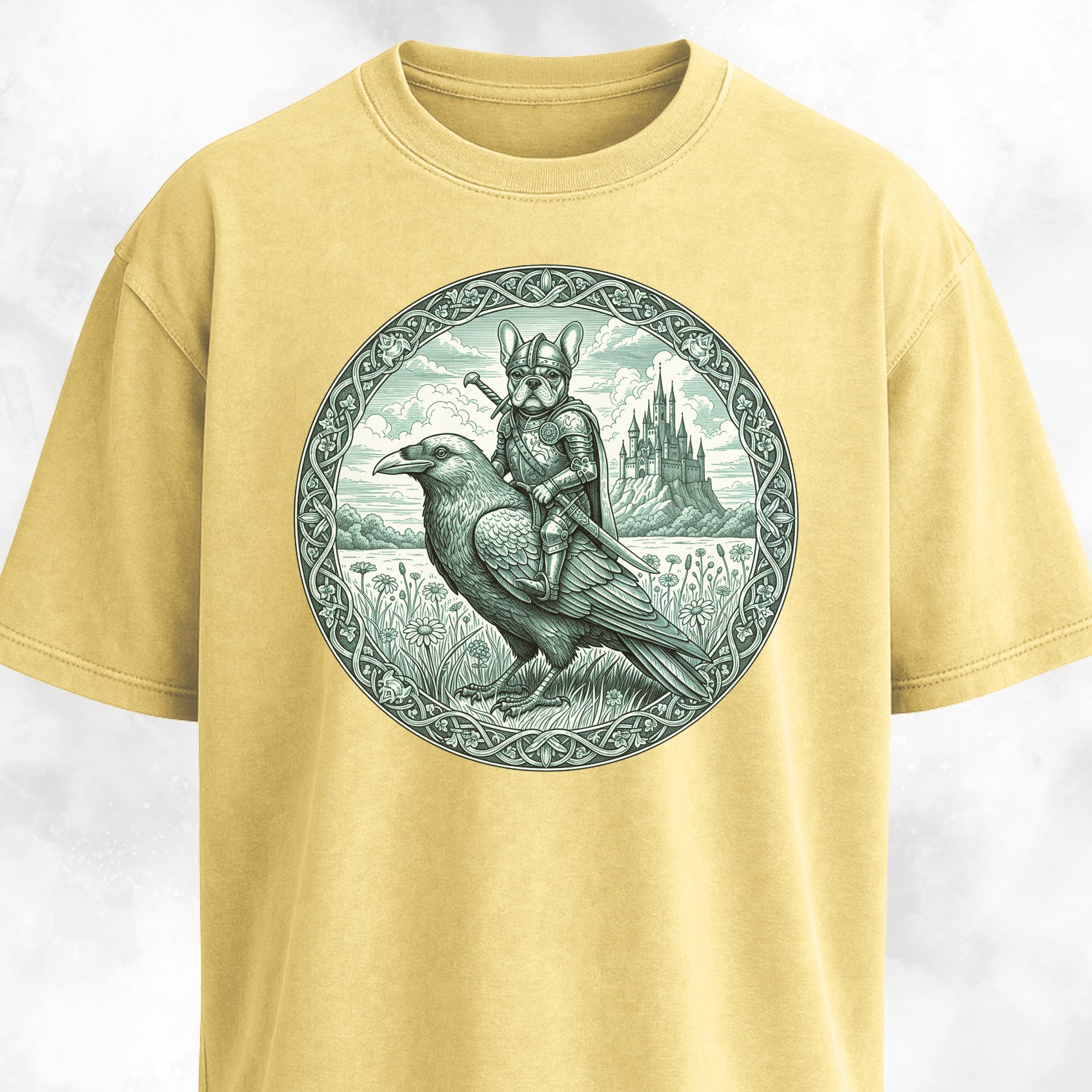 Medieval French Bulldog Knight On A Crow T-Shirt
