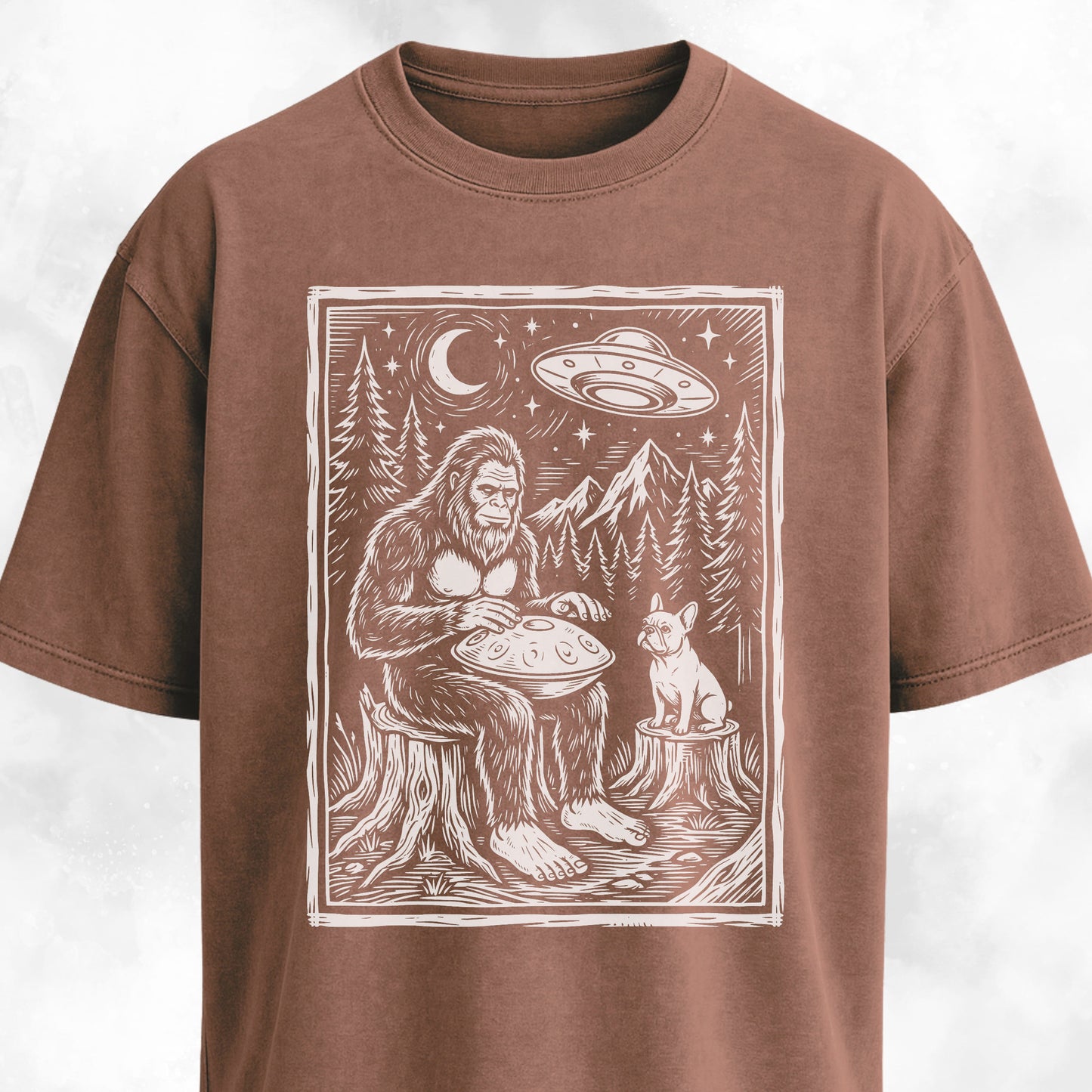 Sasquatch Playing Handpan With Frenchie T-Shirt