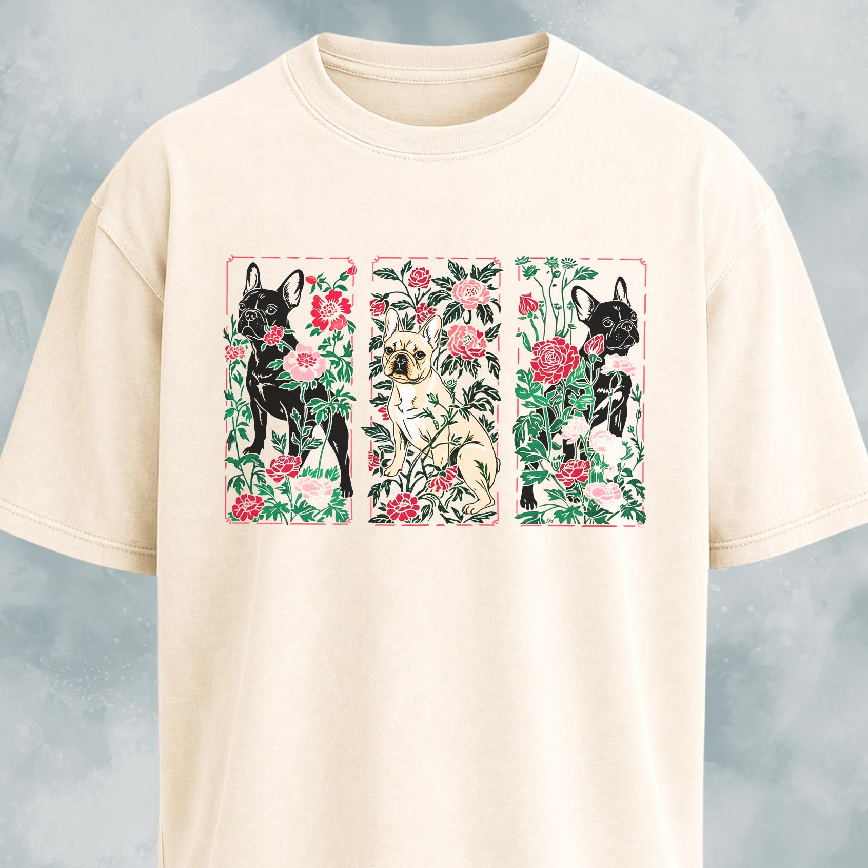 Art Nuveau Panels Floral French Bulldogs T-Shirt