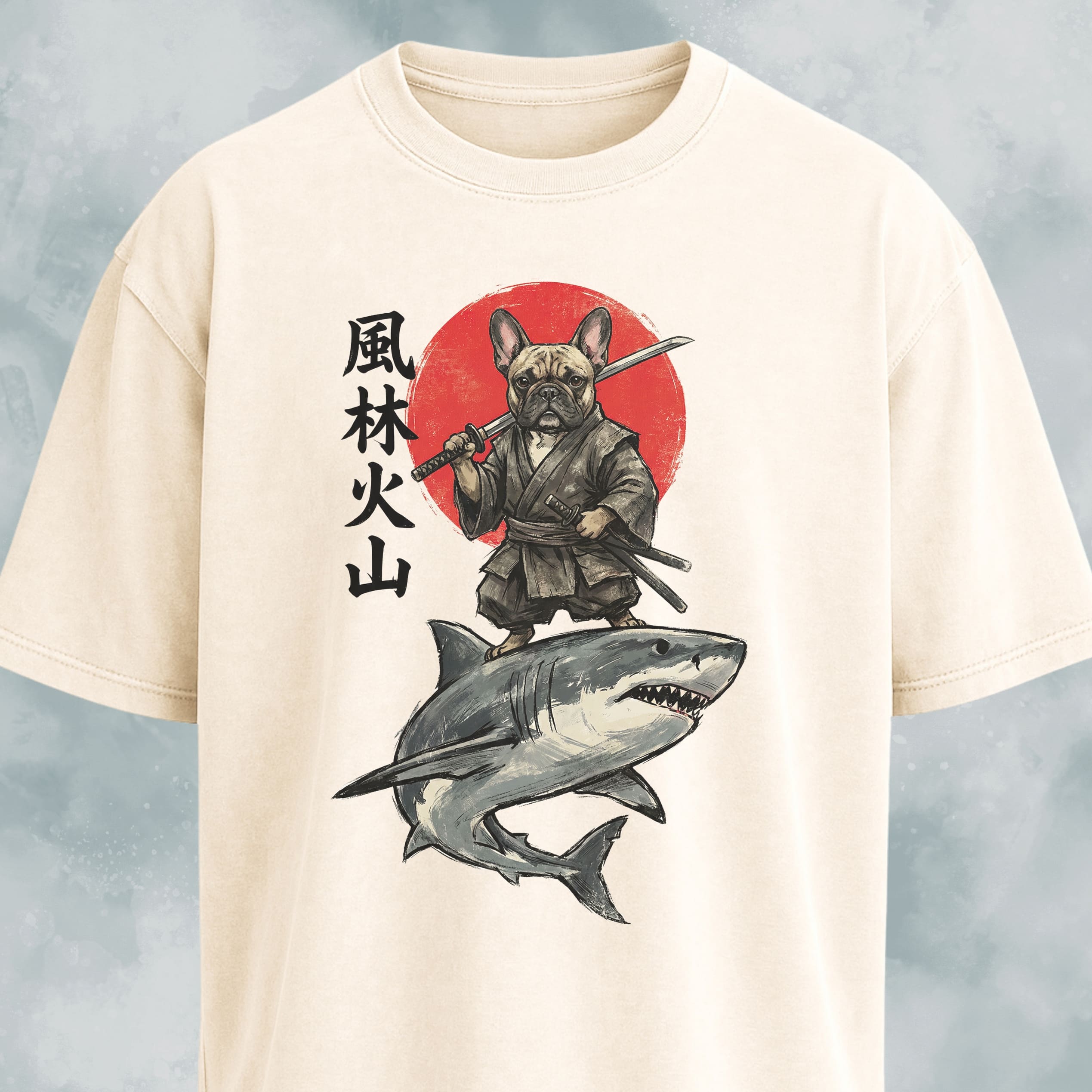 Samurai Frenchie Riding A Shark T-Shirt