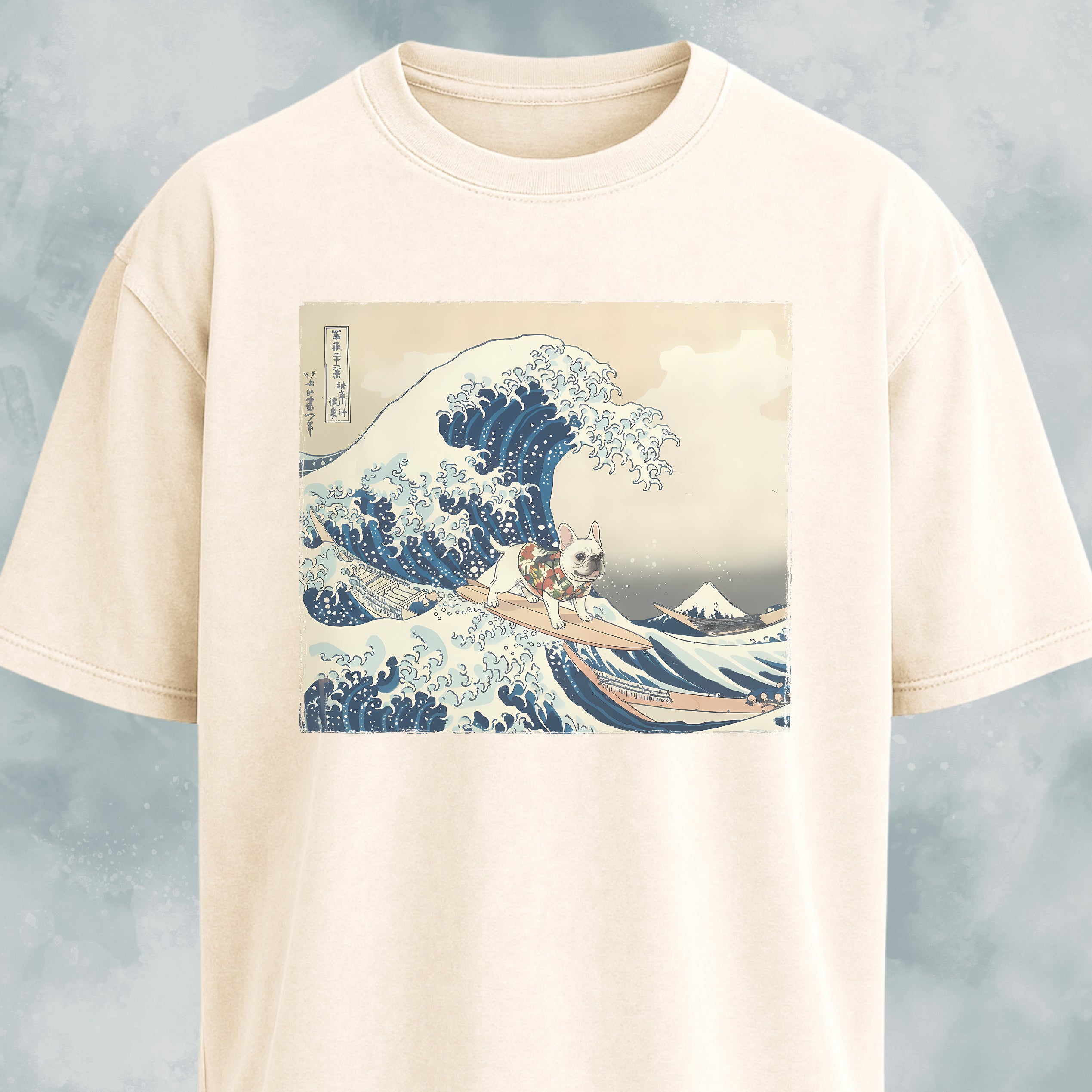 The Great Wave Off Kanagawa Frenchie Surfing T-Shirt