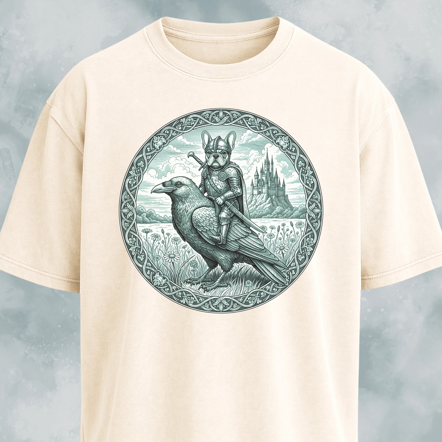 Medieval French Bulldog Knight On A Crow T-Shirt