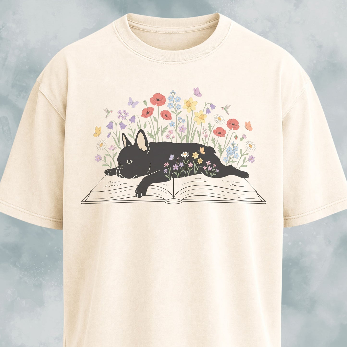 Frenchie On A Floral Book T-Shirt