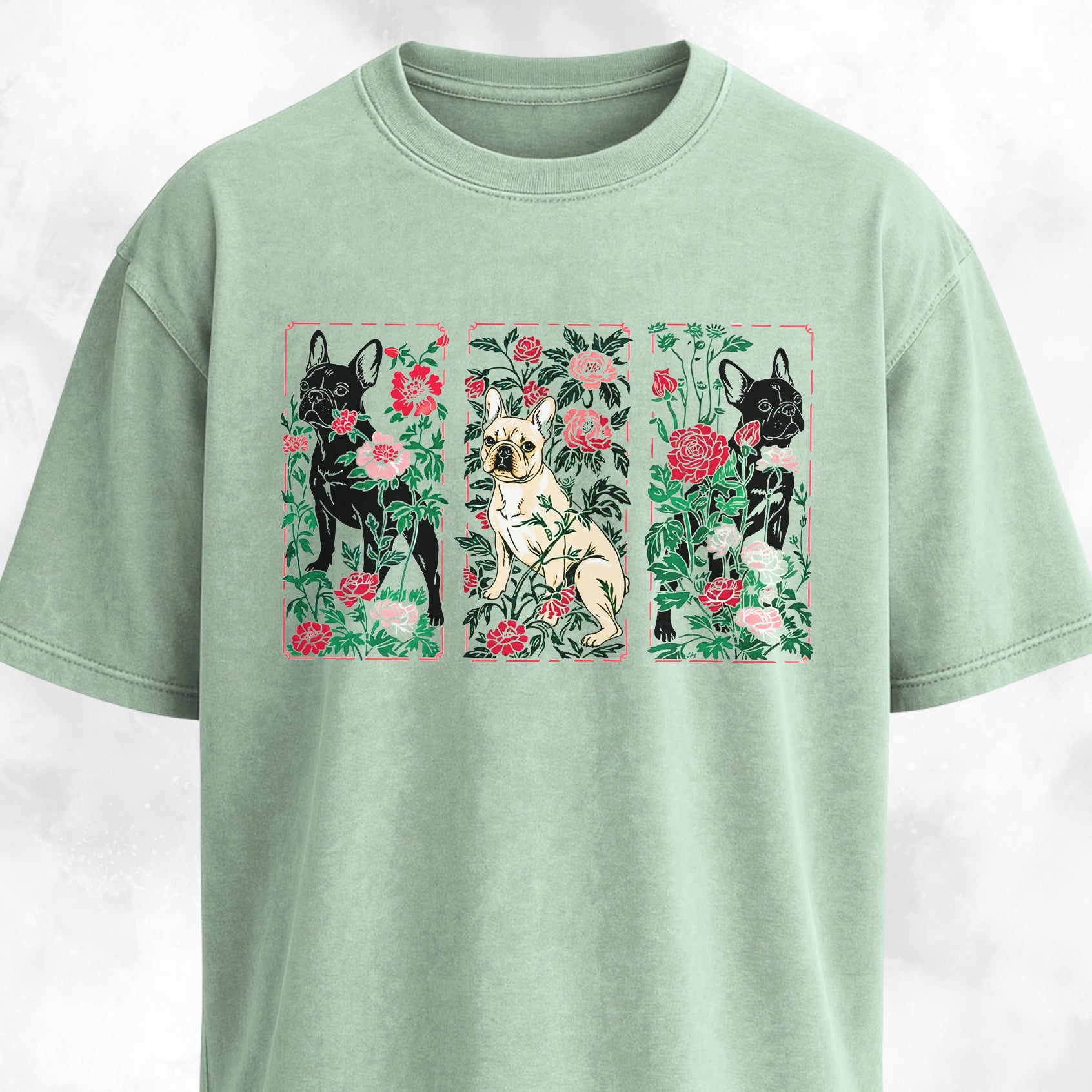 Art Nuveau Panels Floral French Bulldogs T-Shirt