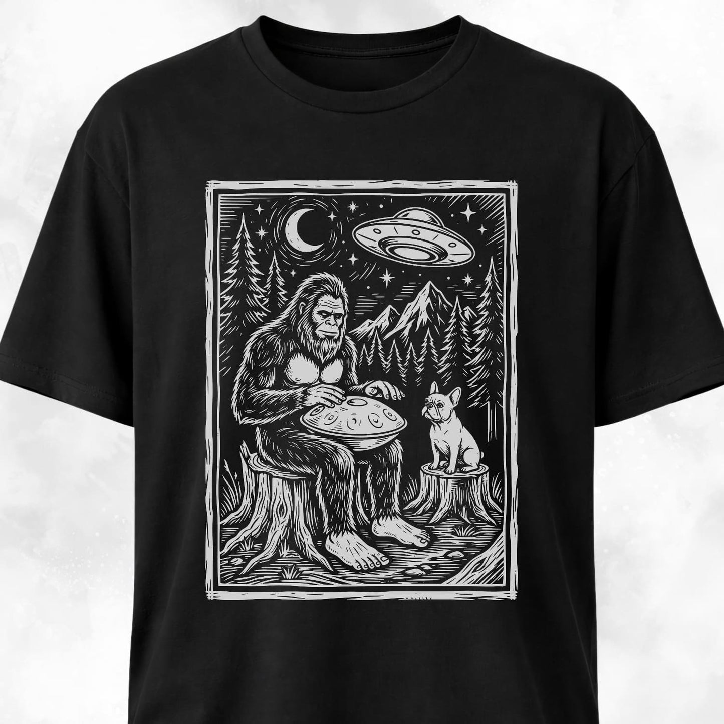 Sasquatch Playing Handpan With Frenchie T-Shirt