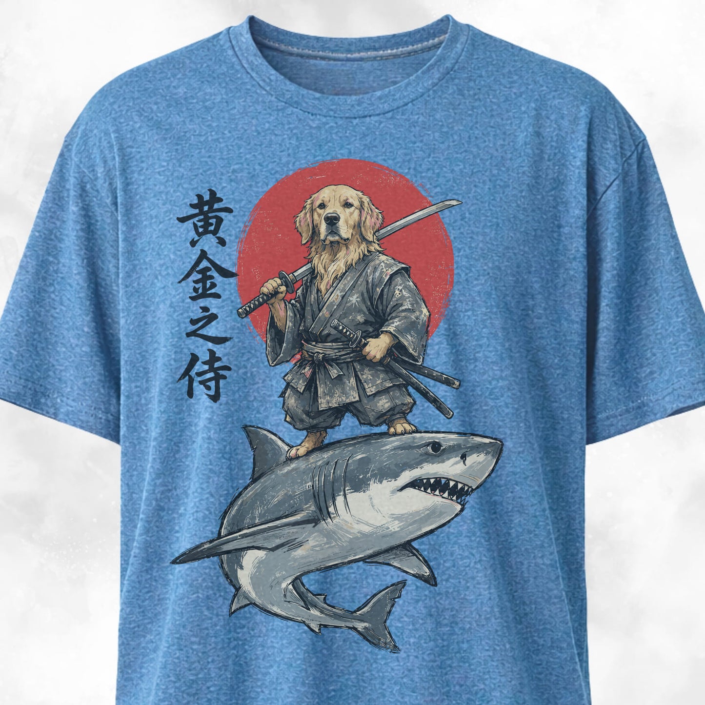Samurai Golden Retriever Riding A Shark T-Shirt