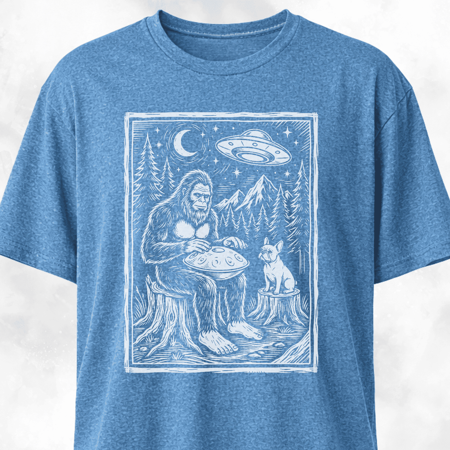Sasquatch Playing Handpan With Frenchie T-Shirt